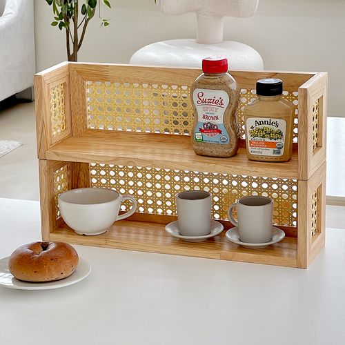 내추럴 원목 라탄 1단선반장