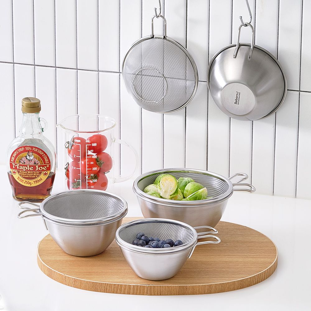[리본제이]스테인리스 뉴 미니 숏핸들 믹싱볼 채반 세트 15cm / 700ml 과일 야채 바구니 채망 계량컵