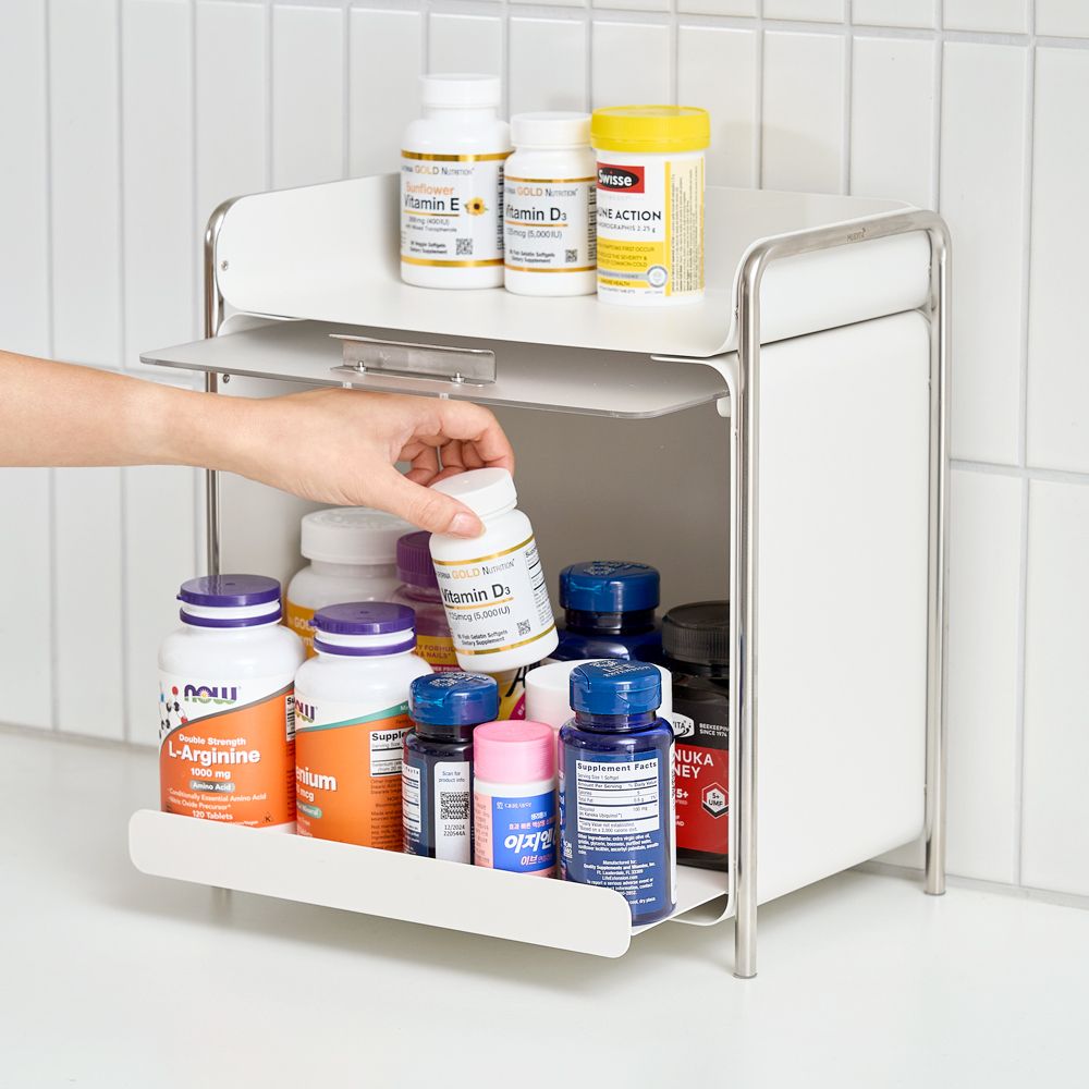 [리본제이] 무디타 비화이트 플랩도어 슬라이딩 철제 수납장 / 영양제 양념통 화장대 정리함