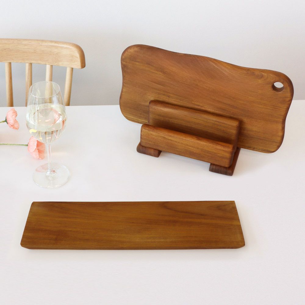 [부엌다옴] 티크 항균 원목도마 3종 세트 (버블중+회접시+거치대3구)