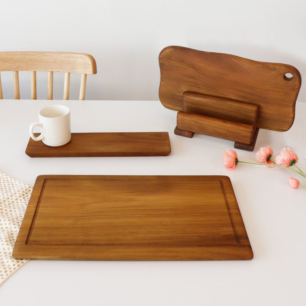 [부엌다옴] 티크 항균 원목도마 4종 세트 (버블(중)+회접시+사각홈+거치대3구)