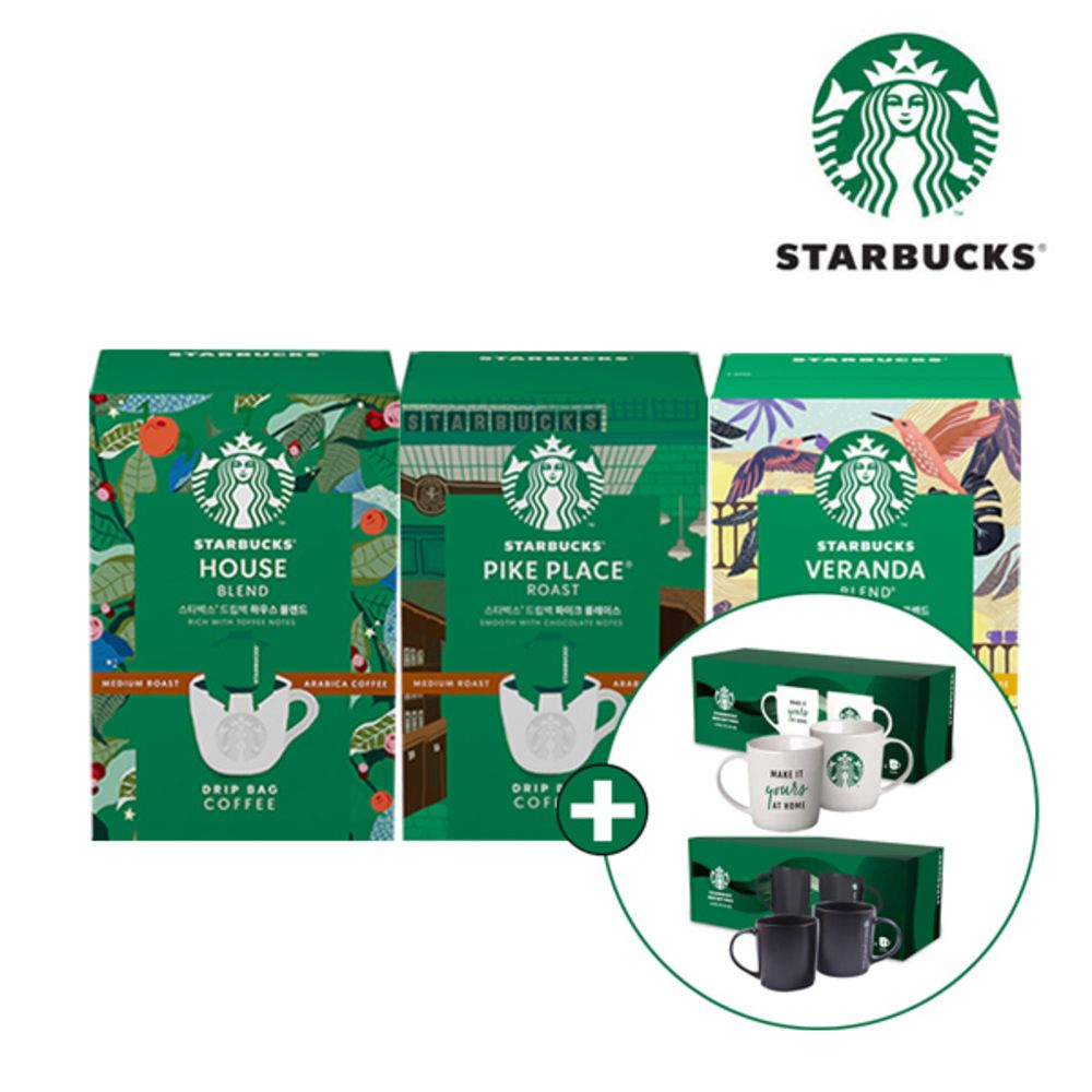 [스타벅스] 드립백 미디엄 5T 3종 (하우스블렌드,파이크 플레이스,베란다 블렌드) 모음전 + 스타벅스 머그 2P SET 랜덤 증정