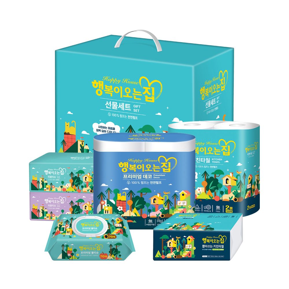 행복이오는집 선물세트 (화장지+각티슈+물티슈+키친타올 구성)