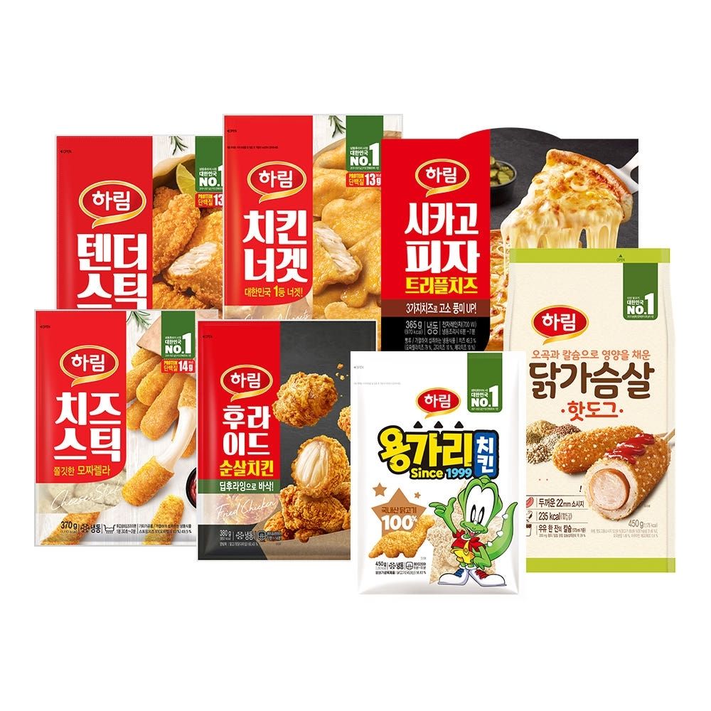 [하림] 26년 설 정세트 (텐터스틱+치킨너겟+시카고피자+치즈스틱+후라이드 순살치킨+용가리치킨+닭가슴살 핫도그)