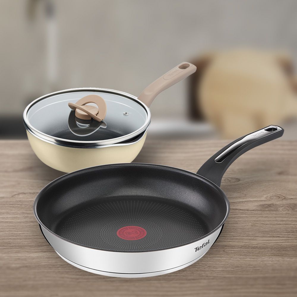 [테팔] 인덕션 써모퓨전 스텐 프라이팬 30cm+원픽 냄비팬 22cm 양송이 베이지
