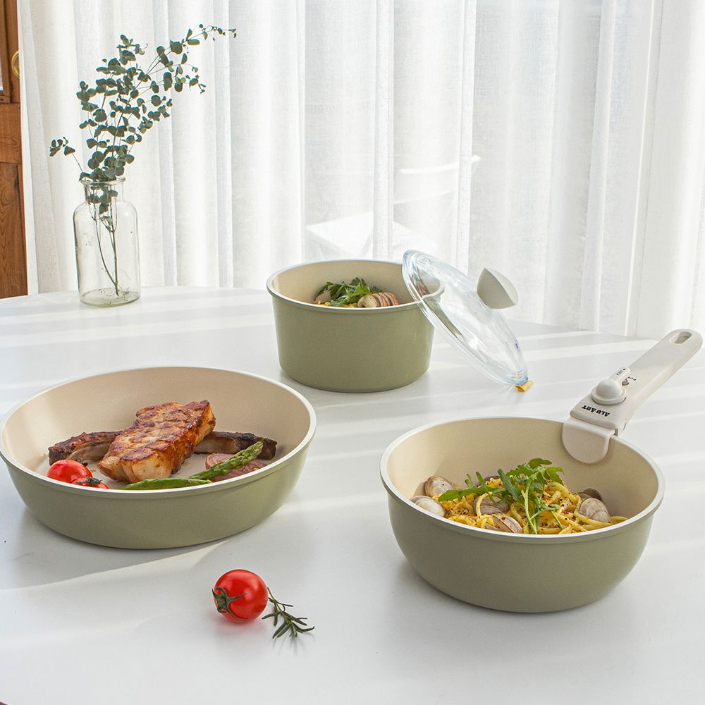 [알루아트] 탈부착핸들 매직그립 매트그린 멀티 3종(5P) 세트 (냄비+웍팬+프라이팬)