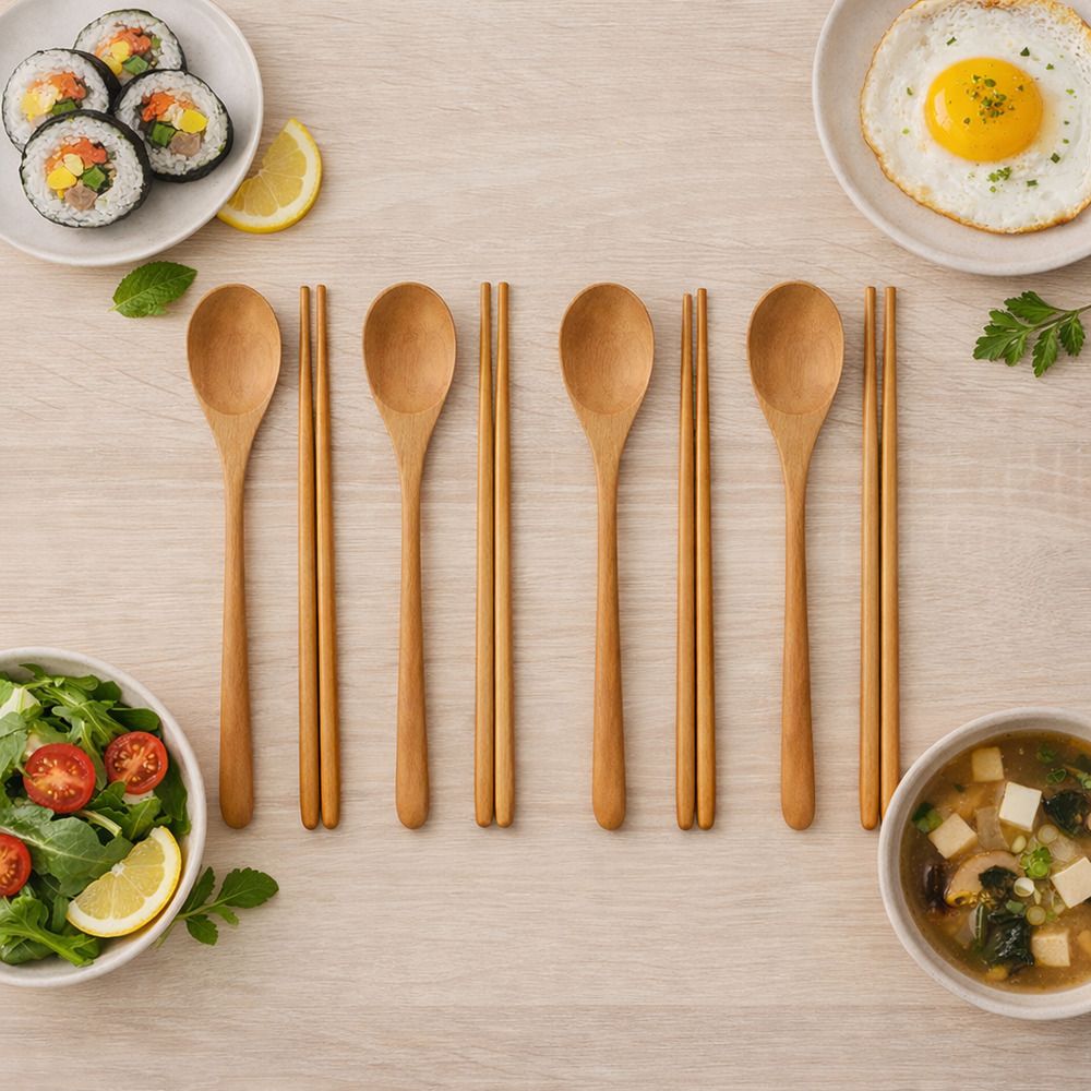 [파뷔에] 99.9% 항균! 티크 원목 항균 수저 4인세트