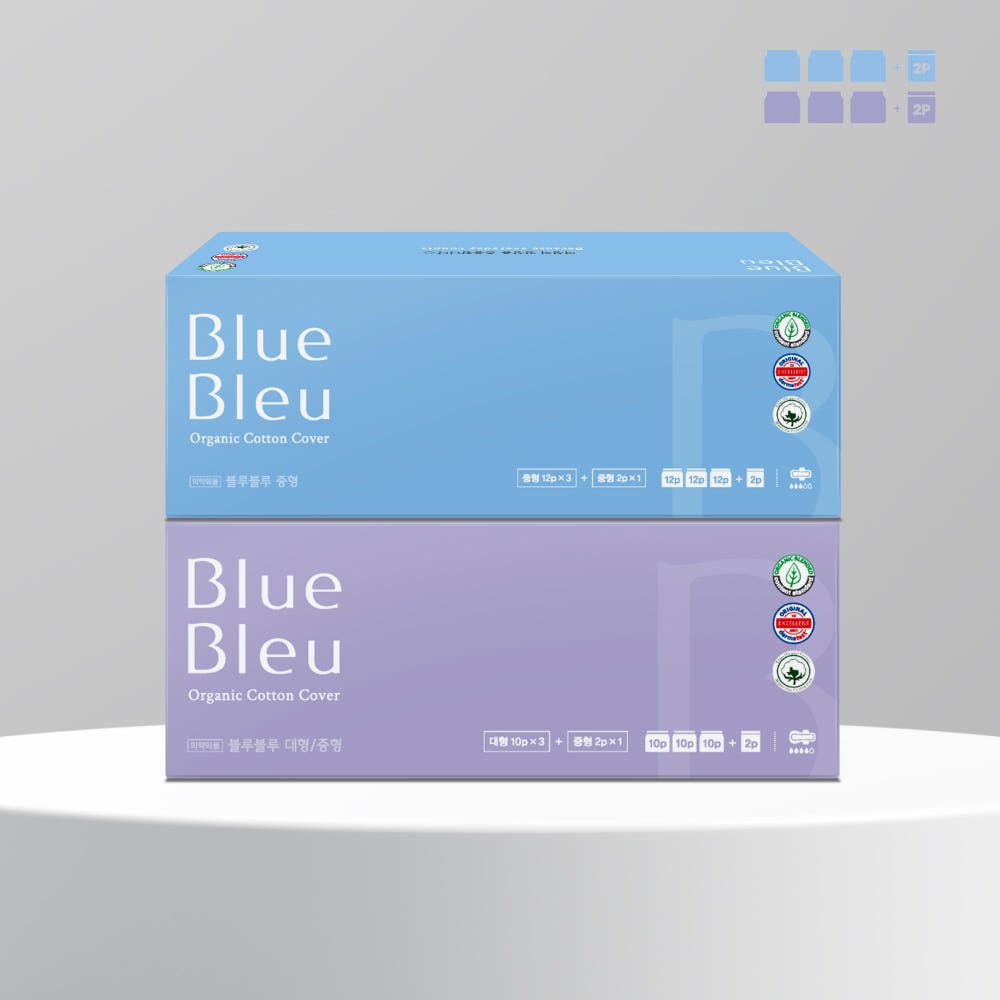 블루블루 유기농 순면커버 생리대 실속패키지 중형(12P)/대형(10P) 3팩+ 휴대용 중형 1팩(2P)