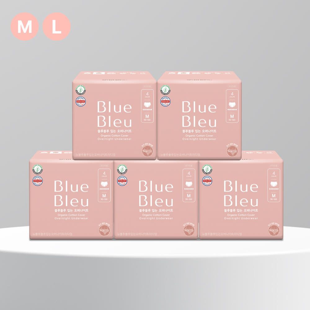 [5팩 세트]블루블루 유기농 순면커버 생리대 입는오버나이트(4p)