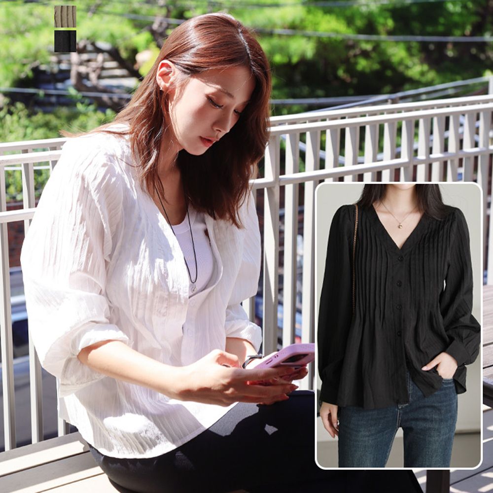 [배우 유인영 픽] 데브 세로 V넥 시크 핀턱 프릴 긴팔 블라우스 (~99까지)