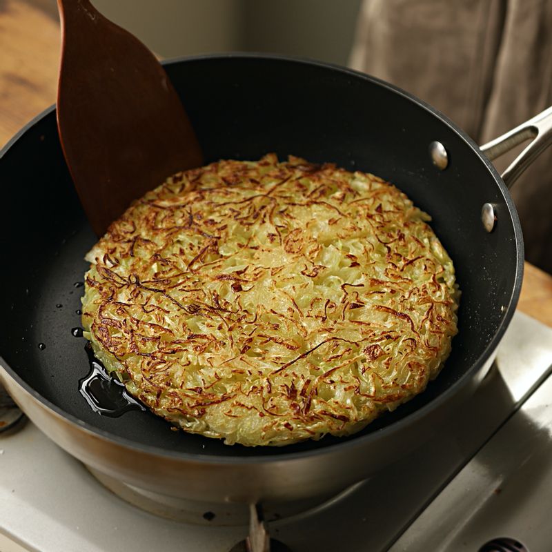 팬에 기름을 두른 후 반죽을 넣어 두툼하게 펼쳐 주세요. 중약불에서 골고루 익도록 뚜껑을 닫아 2~3분간 구워주세요.