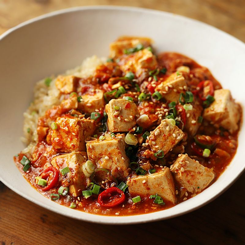 접시에 현미밥과 마파두부를 담고 송송 썬 실파와 통깨를 얹어 맛있게 즐겨주세요.