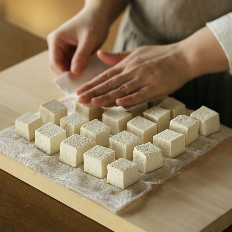 두부는 직경 2cm 크기로 썰고 키친타월에 올려 물기를 제거해 주세요. 두부에 카레 가루 1큰술과 고운 고춧가루 1큰술을 넣어 버무려 주세요.