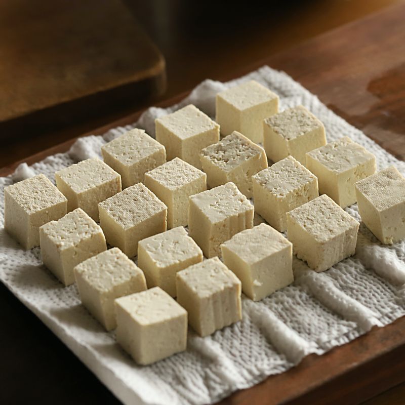 두부는 직경 2cm 크기로 썰고, 키친타월에 올려 물기를 제거해 주세요.