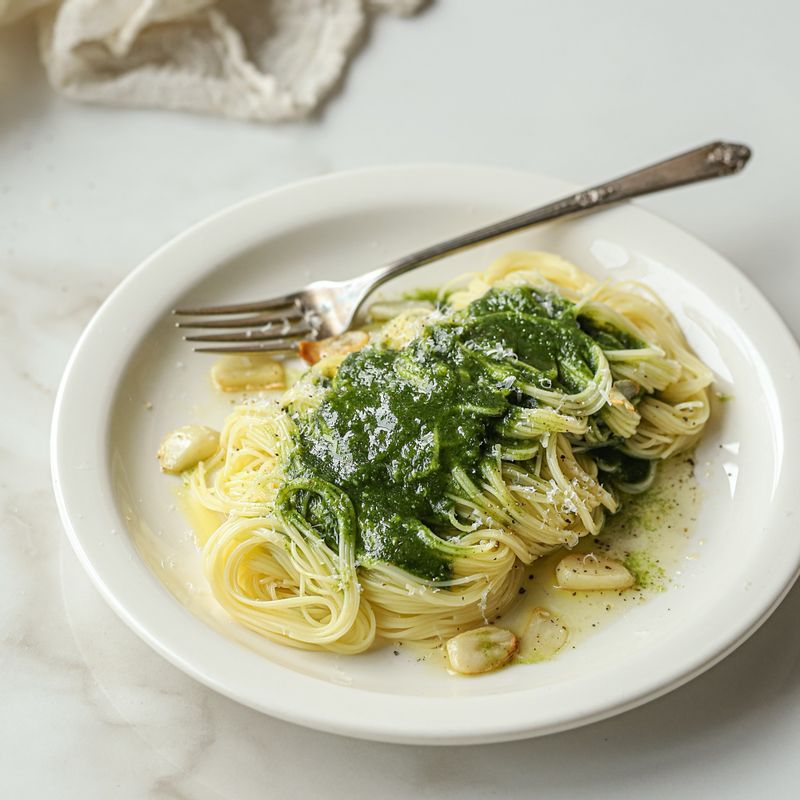 면을 접시에 담고 페스토를 취향껏 올려주세요. 취향에 따라 참나물과 파마산 치즈, 후추를 뿌려 맛있게 즐겨주세요.