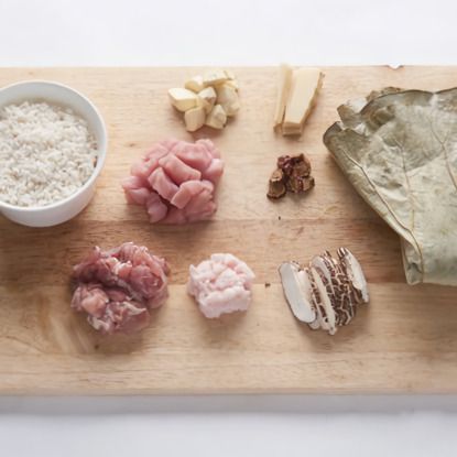 팔보밥(영양밥)을 위한 재료 이미지로 불린 찹쌀,돼지고기 등심,닭가슴살,갈은 돼지고기 A 지방,표고버섯 등으로 구성 되어있습니다.