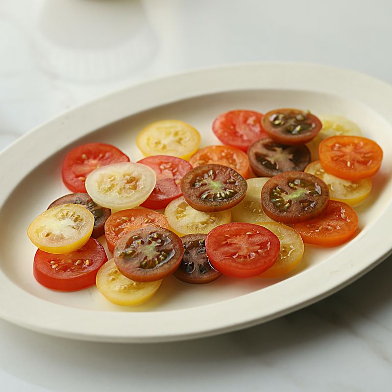 접시에 토마토를 펼쳐 담고 드레싱을 골고루 뿌린 후 딜을 올려 완성해 주세요.