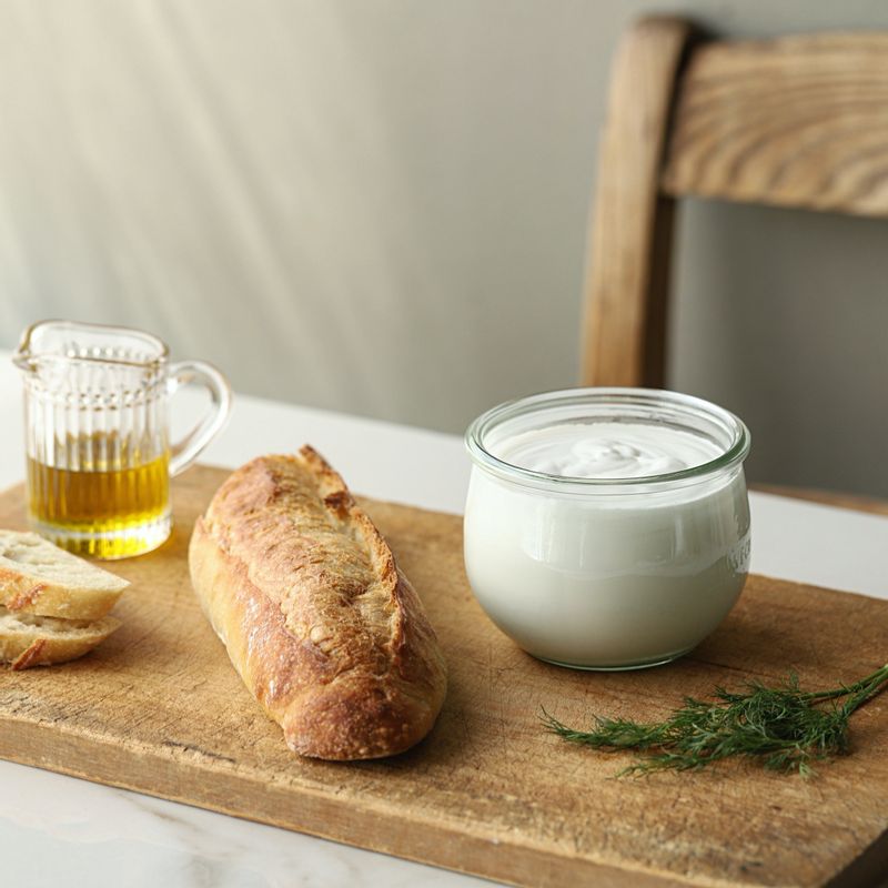 딜 사워크림을 위한 재료 이미지로 딜,사워크림,바게트 또는 곡물빵,올리브오일 등으로 구성 되어있습니다.