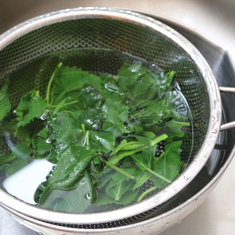 취나물은 끓는 물에 소금을 넣고 살짝 데쳐 찬물에 헹굽니다.