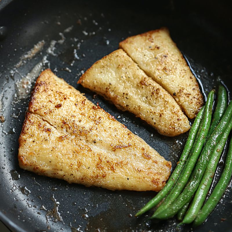 접시에 구운 가자미와 그린빈스를 담아주세요.