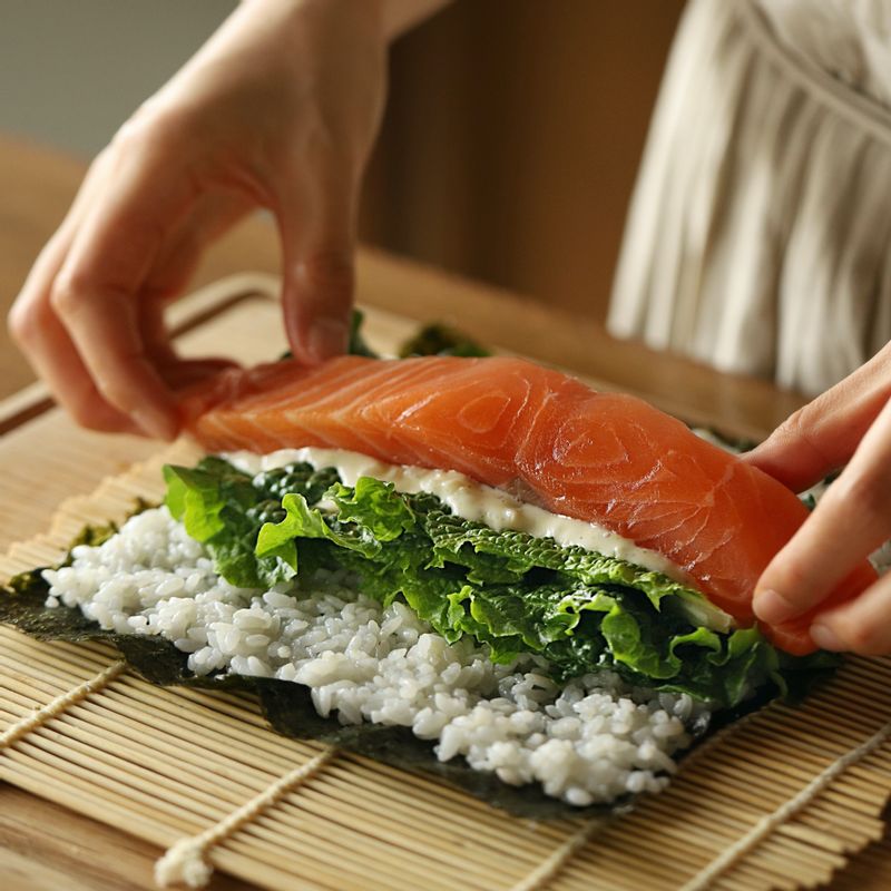 연어와 달걀말이를 얹은 후 김밥을 단단하게 말아주세요.
(기호에 따라 오이, 당근 등의 재료를 넣어 만드셔도 맛있게 드실 수 있답니다)