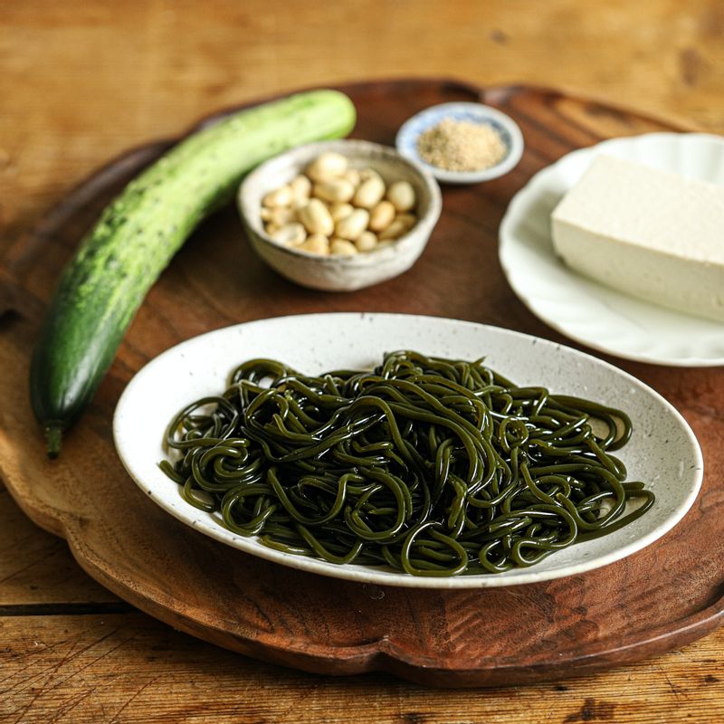 미역 콩국수을 위한 재료 이미지로 미역 국수,두부,두유,볶은 땅콩 (아몬드, 잣 등으로 대체 가능),통깨 등으로 구성 되어있습니다.