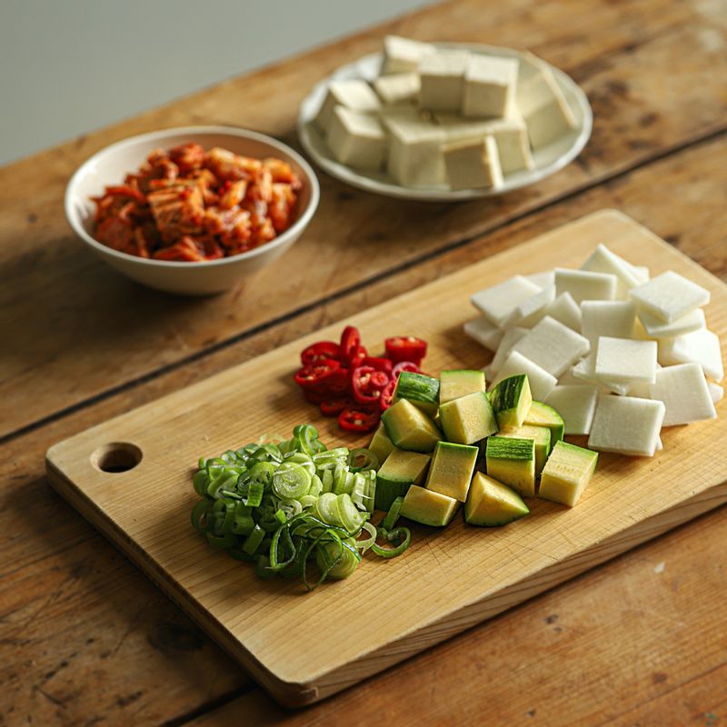 배추김치는 속을 가볍게 털어 낸 후 먹기 좋게 자르고 무는 나박하게 썰어주세요. 양파와 애호박, 두부는 깍뚝 썰고 대파와 홍고추는 송송 썰어주세요.