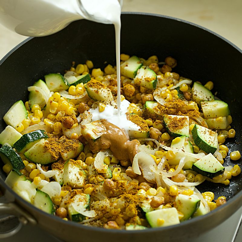 강황 가루와 큐민, 코코넛 밀크, 물, 땅콩버터를 넣고 저어가며 끓여주세요. 
(tip. 물을 추가해 농도를 맞춰주세요)
(tip. 마지막에 소금으로 간을 맞춰주세요)