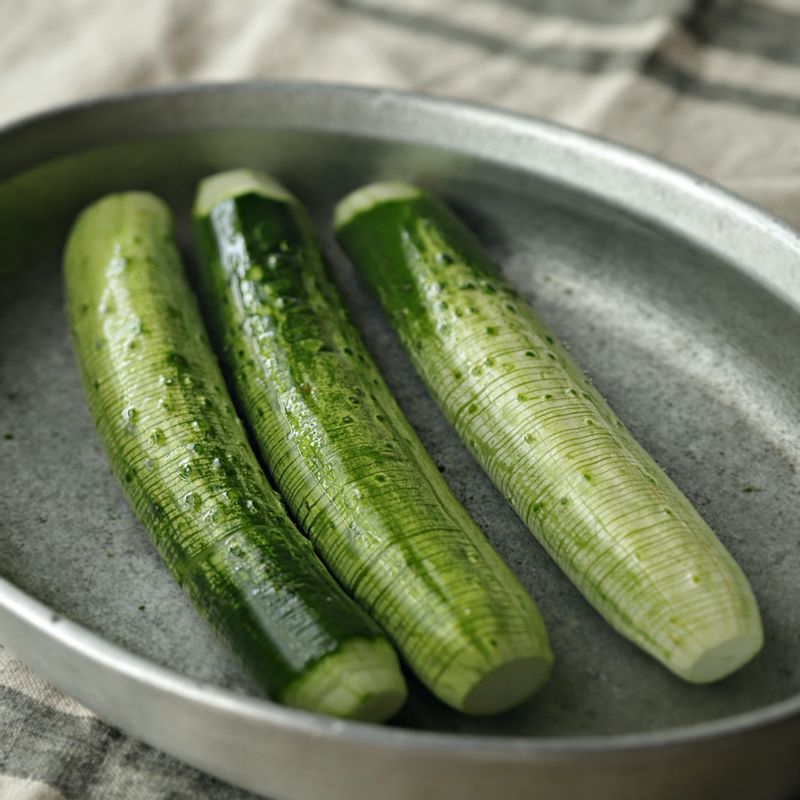 볼에 소금물 재료를 넣고 섞은 후 손질한 오이를 넣어 15분간 절여주세요.