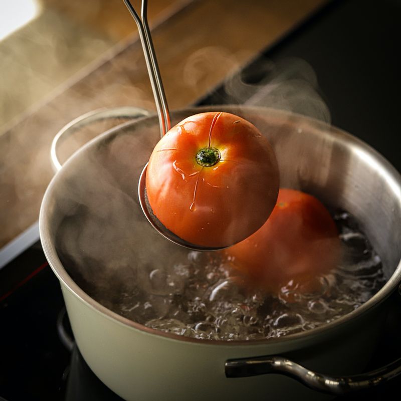 토마토 꼭지를 뗀 후 십자로 칼집을 내고 끓는 물에 넣어 30초 정도 데친 후 얼음 물에 담가 식혀 껍질을 벗겨주세요.