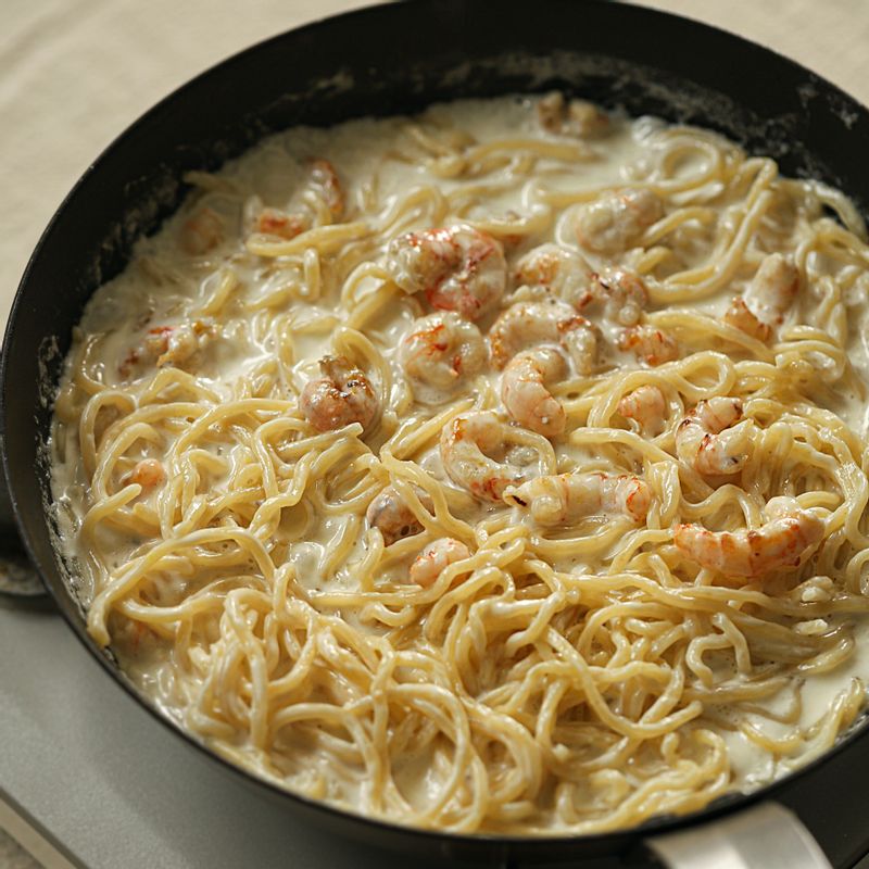 크림소스에 삶은 면과 구워둔 딱새우를 넣고 섞은 후 불을 꺼주세요.