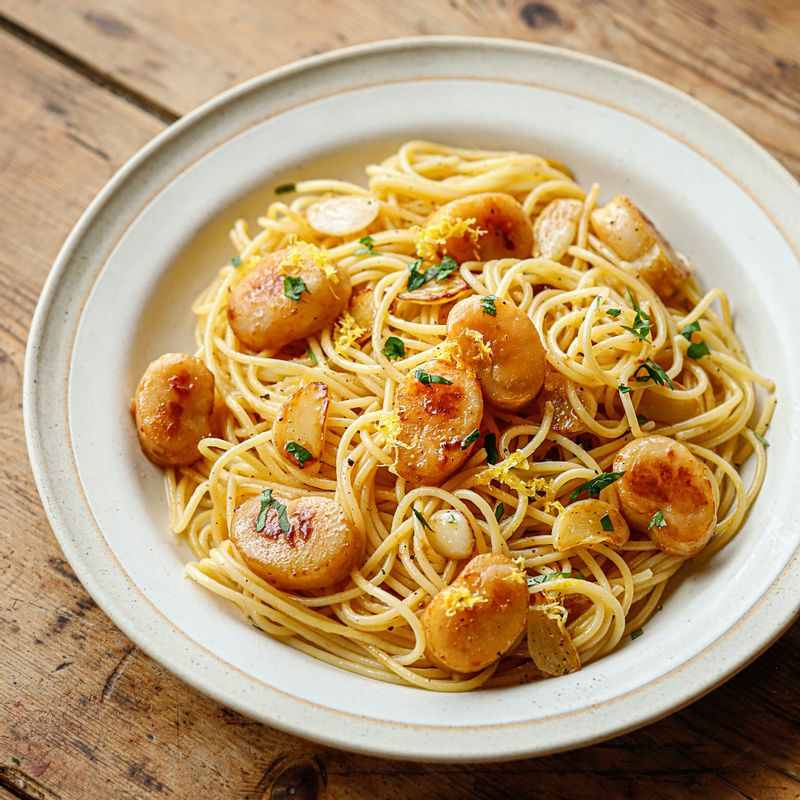 접시에 파스타를 담고 구운 관자를 올린 후 레몬즙과 레몬 제스트, 파슬리를 뿌려 맛있게 즐겨주세요.