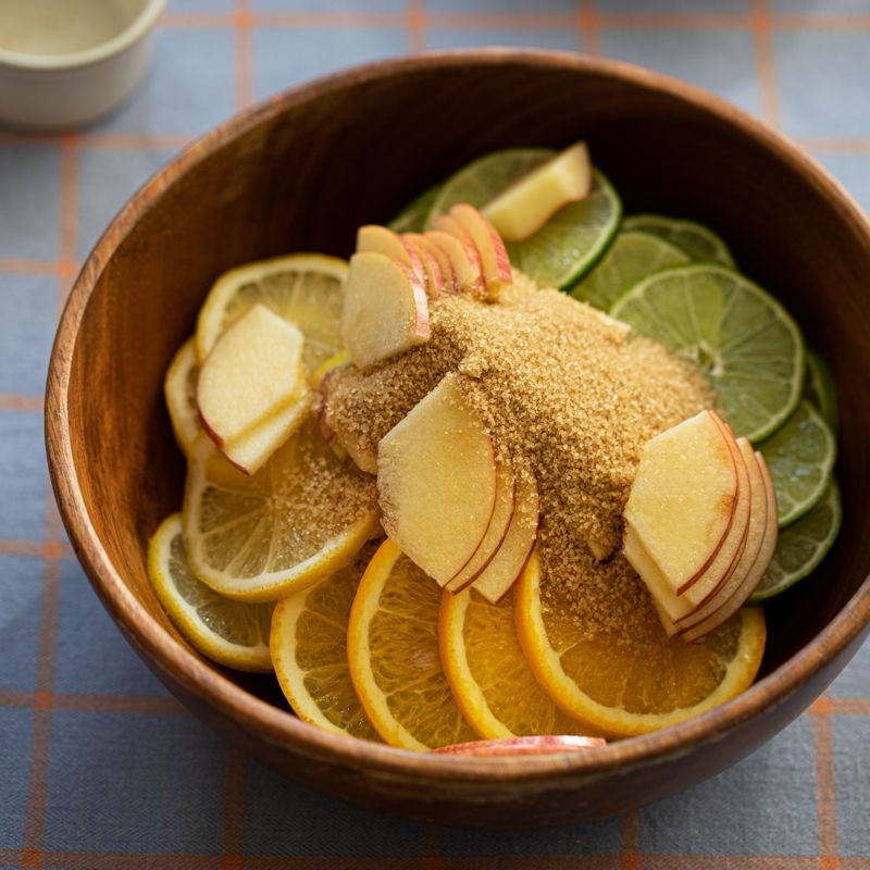 손질한 과일과 설탕을 섞어주세요.
(tip. 썰고 남은 양 모서리는 꾹 짜서 과즙도 함께 넣어주세요)