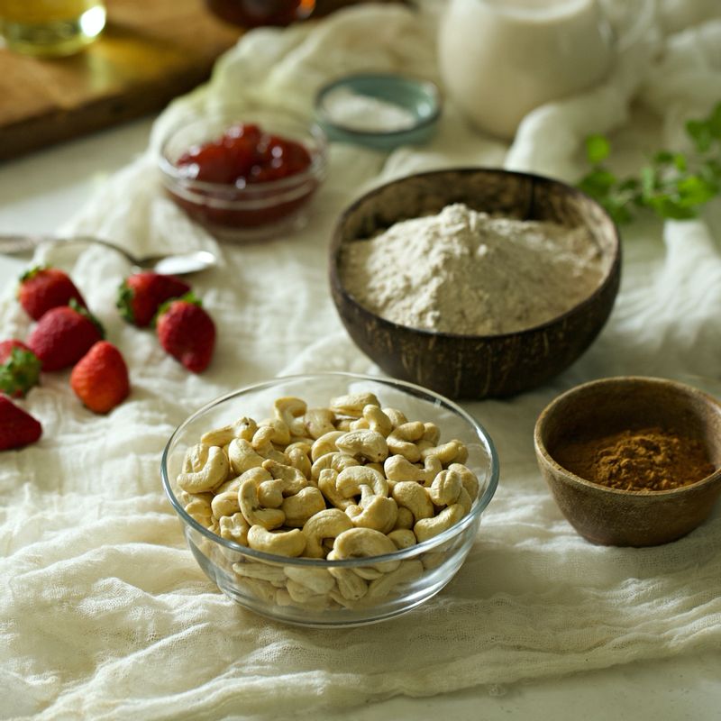 비건 딸기 크림 케이크을 위한 재료 이미지로 통밀가루,베이킹파우더,소금,포도씨 오일,두유 등으로 구성 되어있습니다.