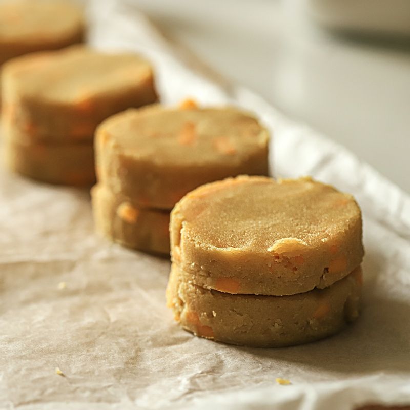 2개씩 겹쳐 이음새를 가볍게 정리한 후 오븐 팬에 담고 스콘 윗면에 남겨둔 달걀 물을 발라주세요.