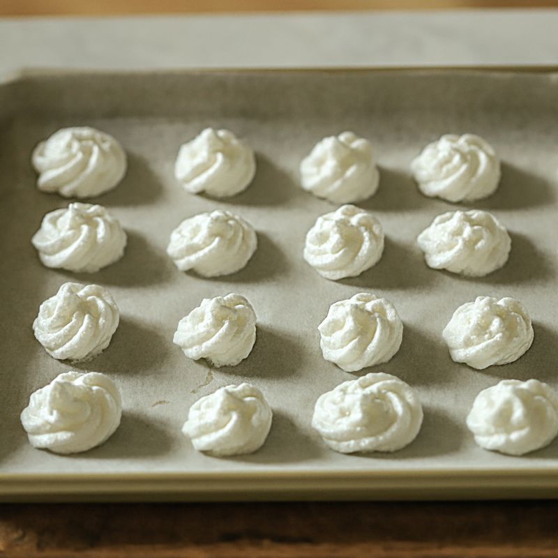 오븐 팬에 유산지를 깔고 머랭을 일정한 크기로 짜주세요.