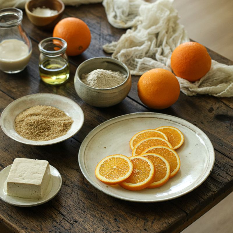 비건 오렌지 케이크을 위한 재료 이미지로 두유,레몬즙,두부,포도씨 오일,바닐라 익스트랙 (바닐라 오일, 바닐라빈으로 대체 가능) 등으로 구성 되어있습니다.