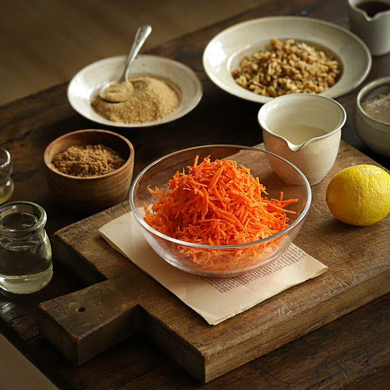 비건 당근 케이크을 위한 재료 이미지로 당근 채,두유,식초,녹인 코코넛 오일,메이플 시럽 등으로 구성 되어있습니다.