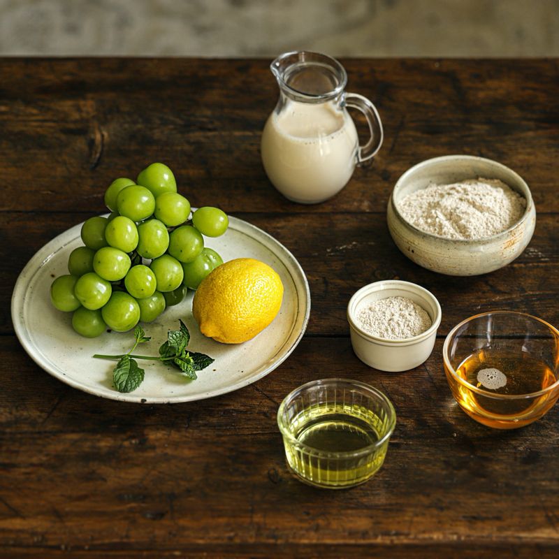 비건 레몬 청포도 타르트을 위한 재료 이미지로 통밀가루,소금,아가베 시럽,포도씨 오일 등으로 구성 되어있습니다.