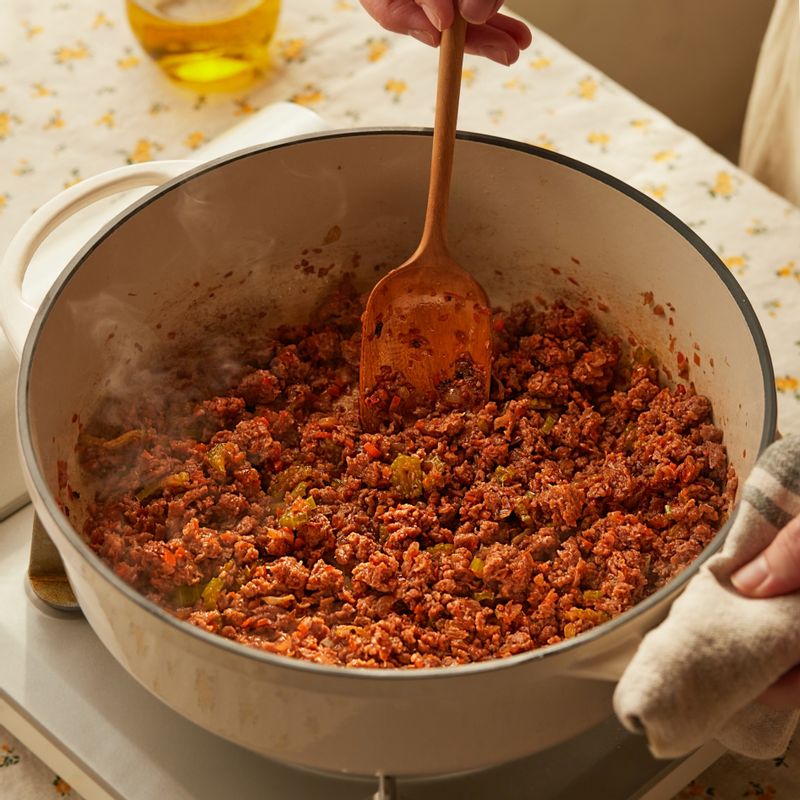 볶은 대체육에 와인을 넣고 알코올 향이 나지 않을 정도로 3~5분간 팔팔 끓여주세요. (tip. 와인은 잡냄새를 제거해 줘요.)