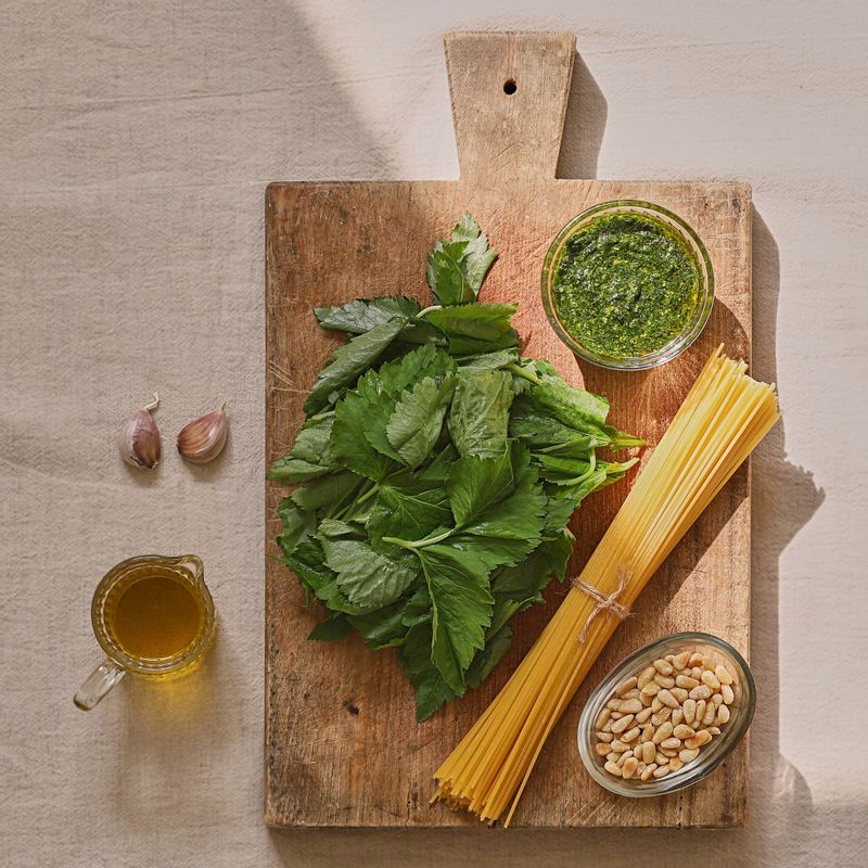 비건 참나물 페스토 파스타을 위한 재료 이미지로 참나물 페스토,스파게티면,마늘,면수,소금 등으로 구성 되어있습니다.