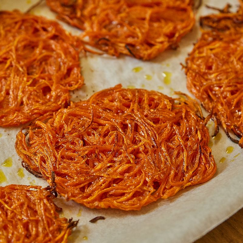 노릇하게 익은 당근전을 그릇에 담아 맛있게 즐겨주세요.