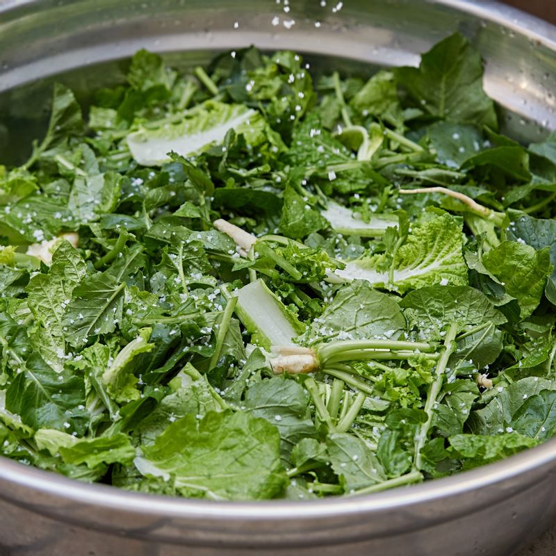 손질한 얼갈이와 열무는 물에 살살 흔들어 씻어 주세요. 굵은 소금을 뿌려 30분 정도 절이고 위아래로 뒤집어 20분 정도 더 절여 주세요. 물에 흔들어 씻어 채반에 밭쳐 물기를 빼주세요.
(tip. 열무는 씻을 때와 절일 때, 양념에 버무릴 때 살살 버무려야 풋내가 나지 않게 만들 수 있어요)