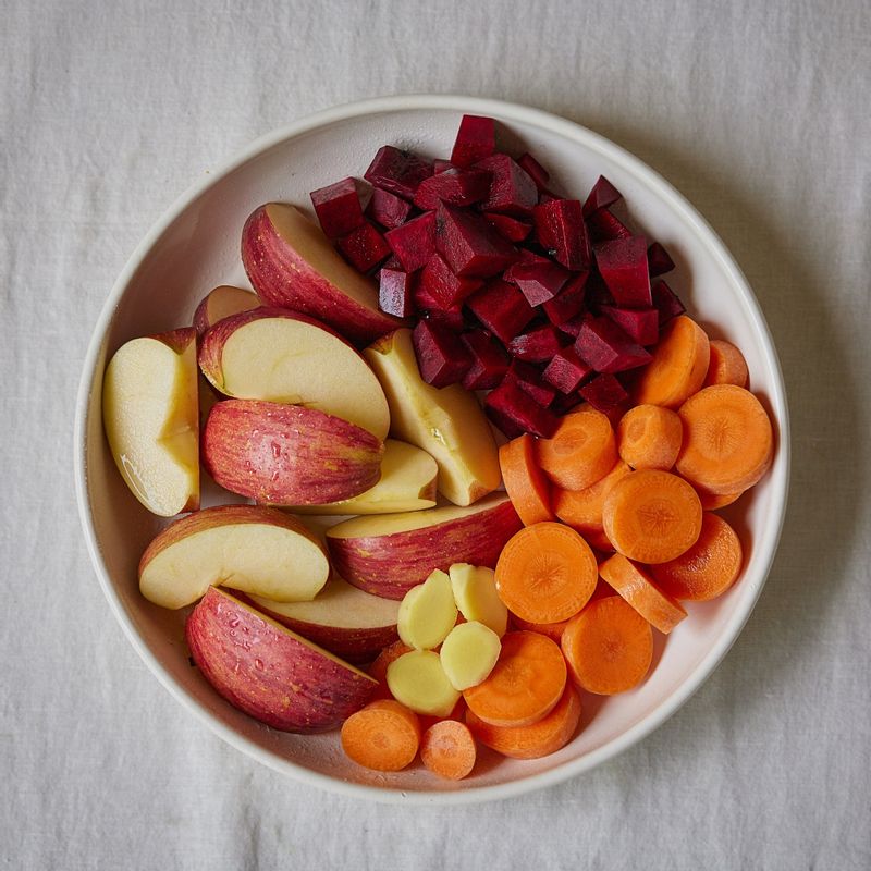 깨끗이 씻은 사과는 껍질 째 6등분으로 잘라 씨를 제거해 주세요. 비트는 껍질을 벗긴 후 깍뚝 썰고 생강과 당근은 껍질을 벗겨 갈기 좋은 크기로 잘라주세요.