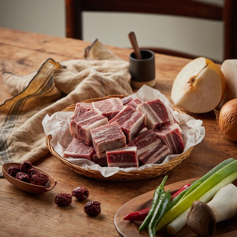 This is an image of the ingredients for braised beef ribs, and it consists of beef ribs, radish, shiitake mushrooms, green chili peppers, and red chili peppers.