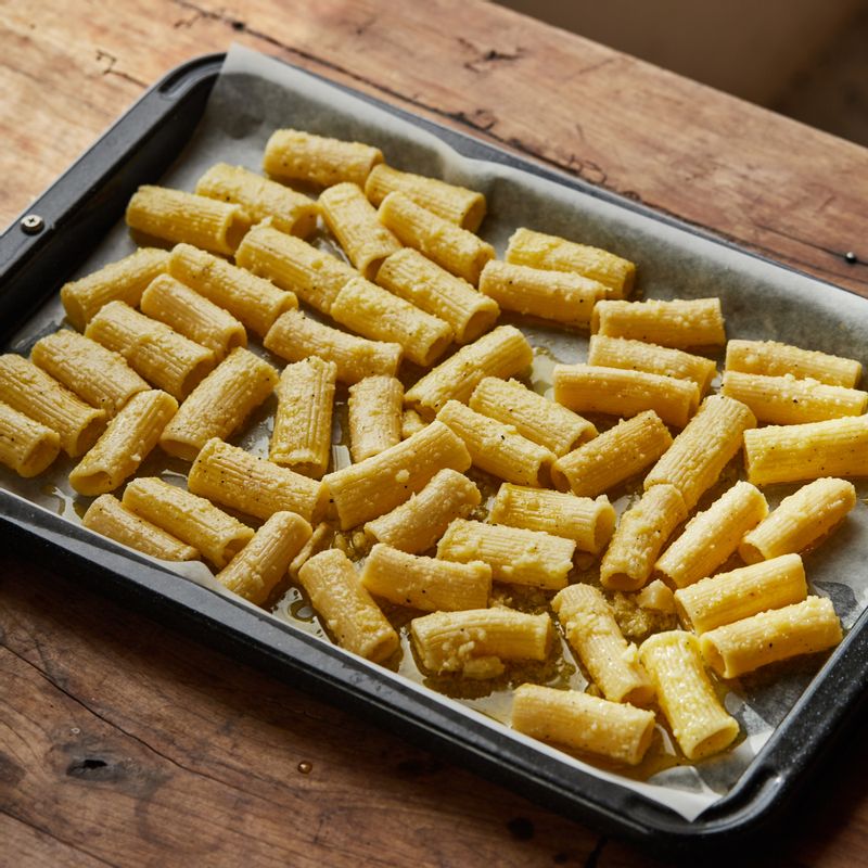 법랑 접시에 종이 호일을 깔고 버무린 리가토니를 올려주세요.
(tip.서로 달라붙지 않게 잘 펼쳐주세요)