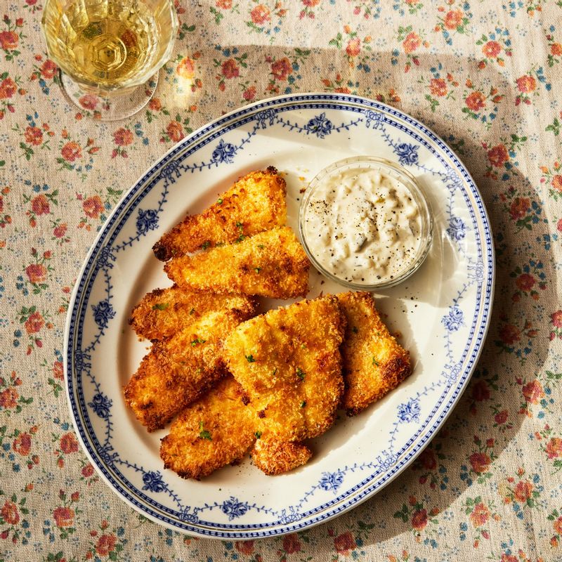 접시에 가지미 커틀릿과 타르타르 소스를 올려 맛있게 즐겨주세요.