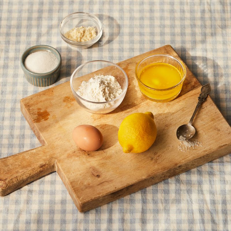레몬마들렌을 위한 재료 이미지로 레몬,달걀,박력분,아몬드가루,베이킹파우더 등으로 구성 되어있습니다.