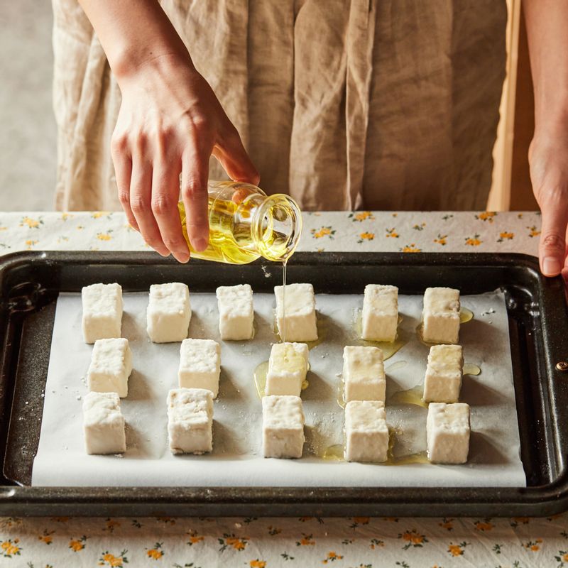 법랑 접시에 종이호일을 깔고 두부를 올린 후 식용유를 골고루 발라주세요.
(tip. 오일 스프레이를 사용하면 더욱 간편해요)