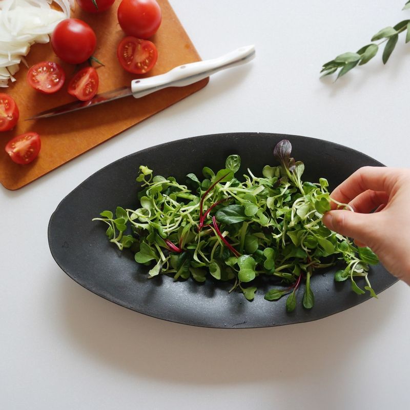 어린잎채소는 찬물에 담갔다 체에 밭쳐 물기를 제거하고 그릇에 담아줍니다.